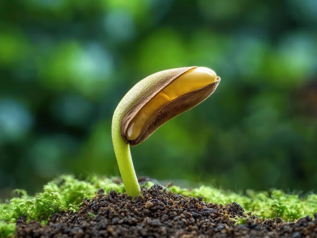 A bean sprout breaking through soil, symbolizing growth and allowing.