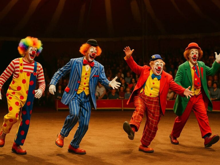 Four Friendly Clowns going in to save the day