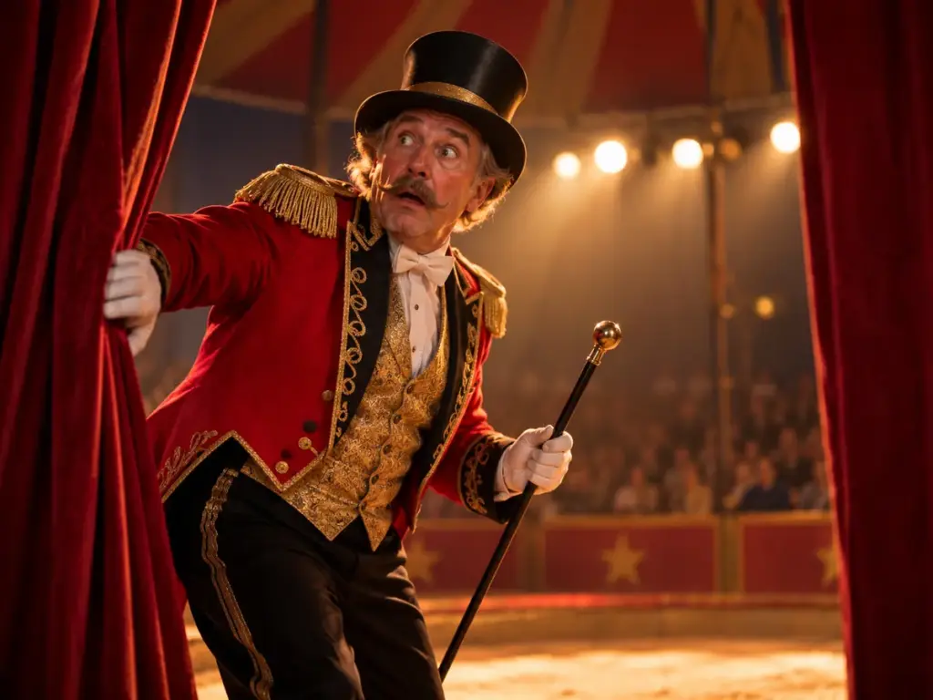 Startled ringmaster peering through red circus curtains.