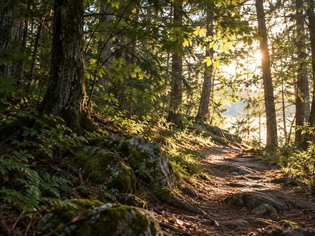 Sunlight filtering through trees along a shaded woodland path