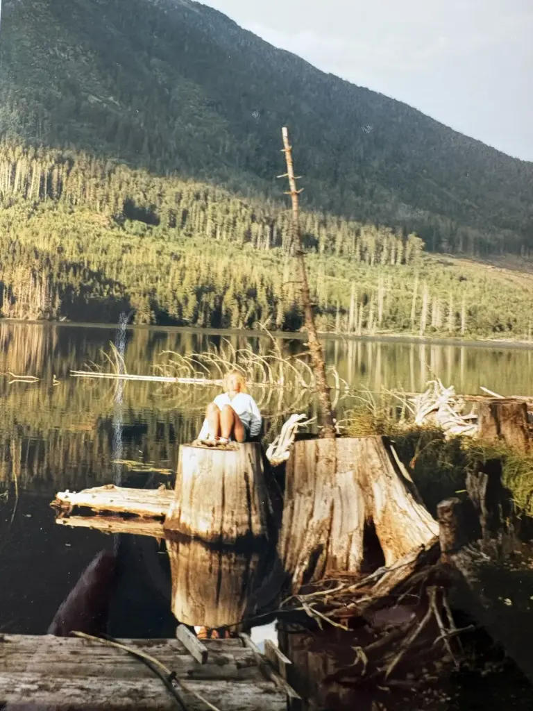 Mountain lake surrounded by forest, with large old tree stumps along the shore.